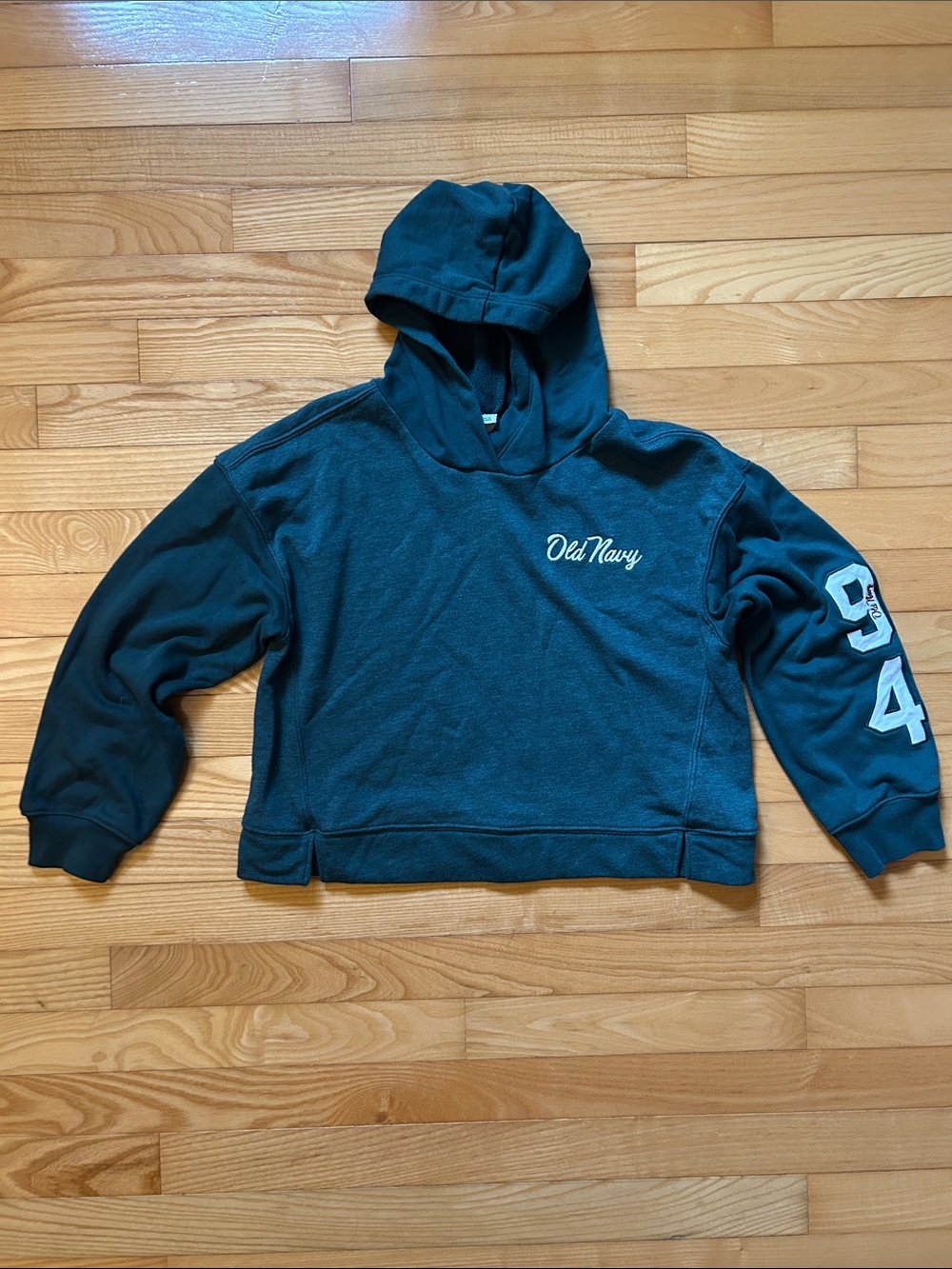 Old Navy Pine Green Cropped Hoodie with Sleeve Number